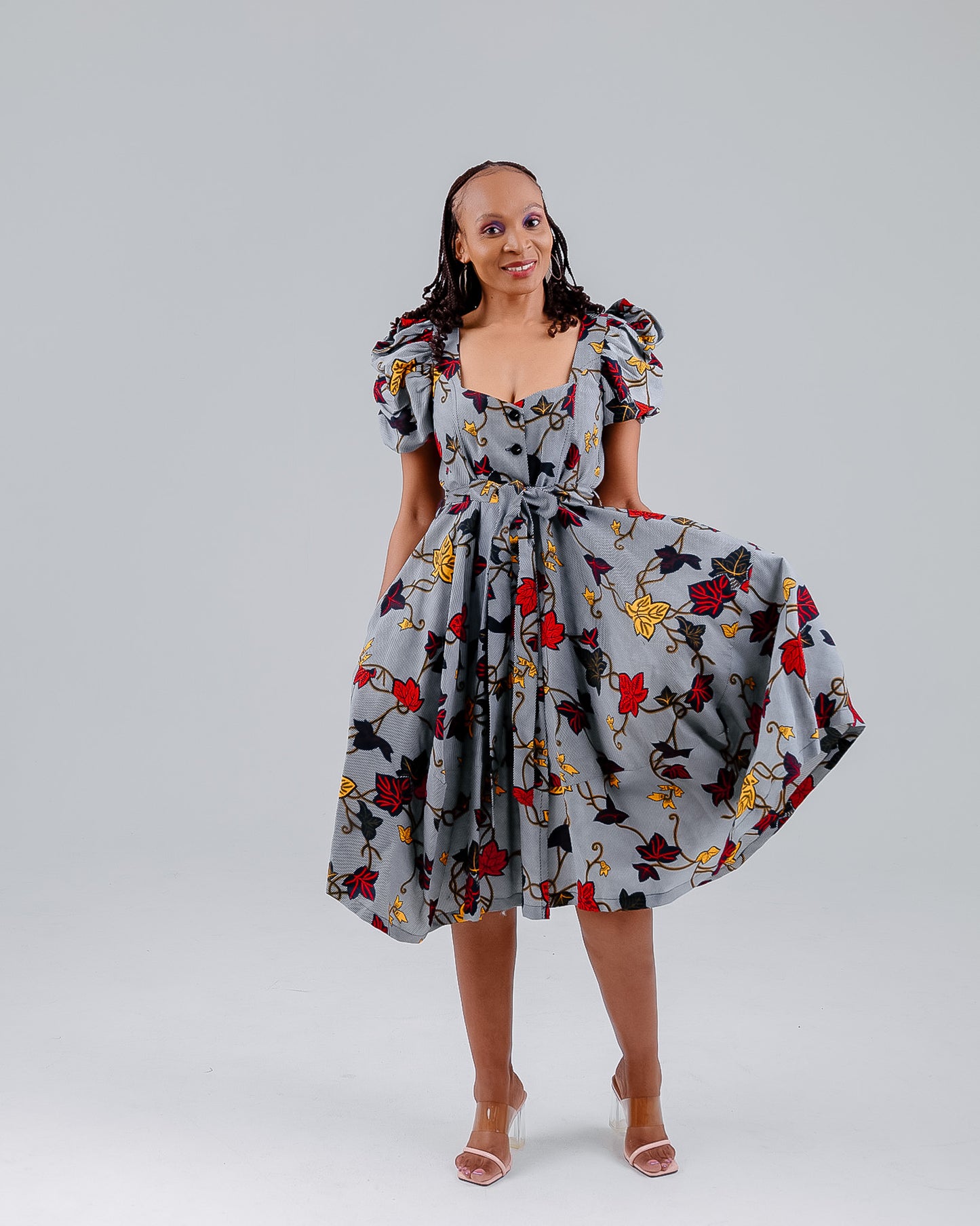 GREY/RED BALLOON SLEEVES ANKARA DRESS