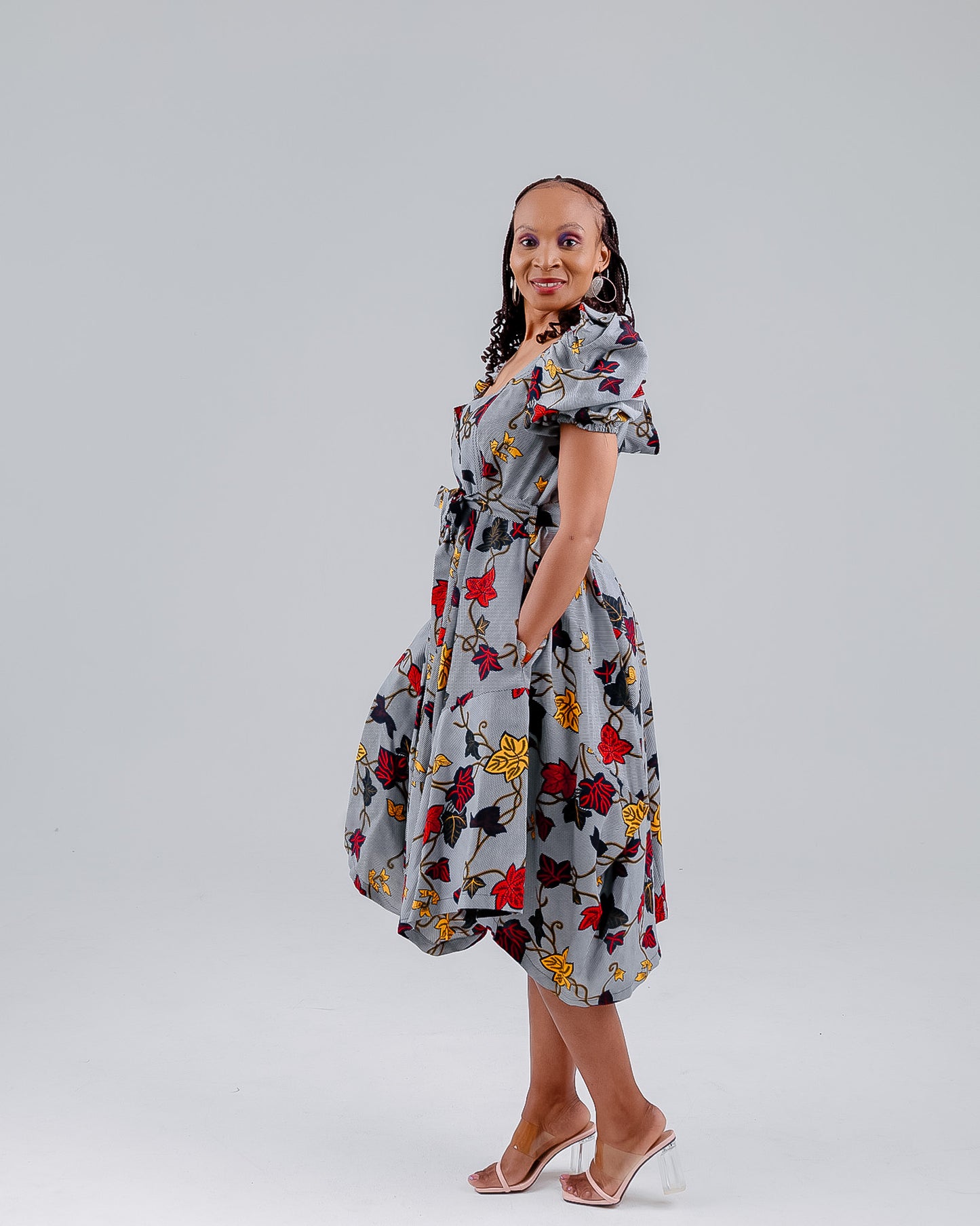 GREY/RED BALLOON SLEEVES ANKARA DRESS