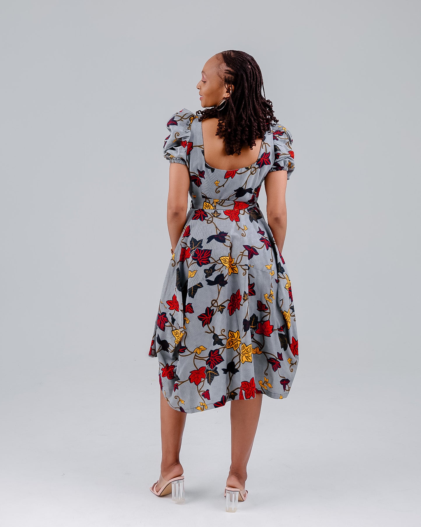 GREY/RED BALLOON SLEEVES ANKARA DRESS