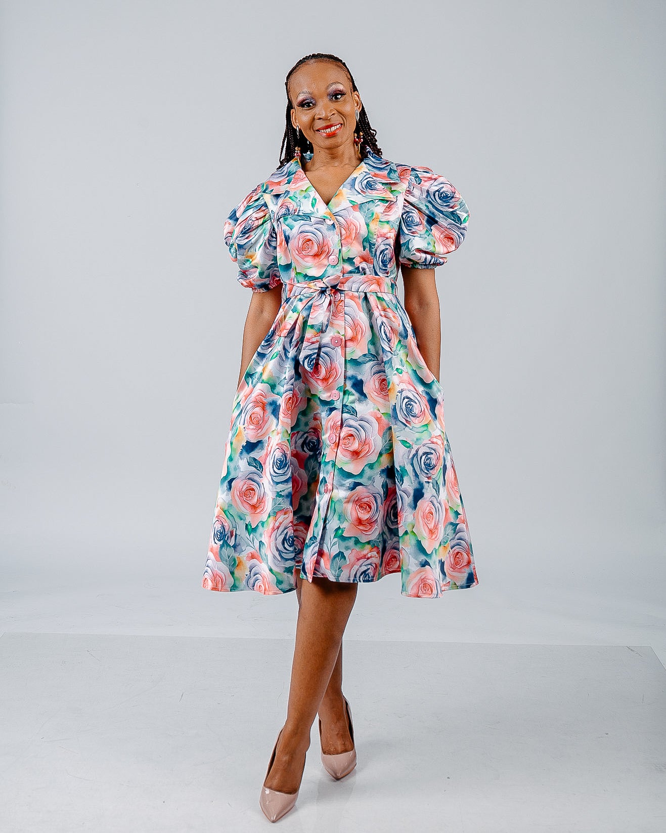 MULTICOLOR FLORAL SHORT SLEEVED DUCHESS DRESS