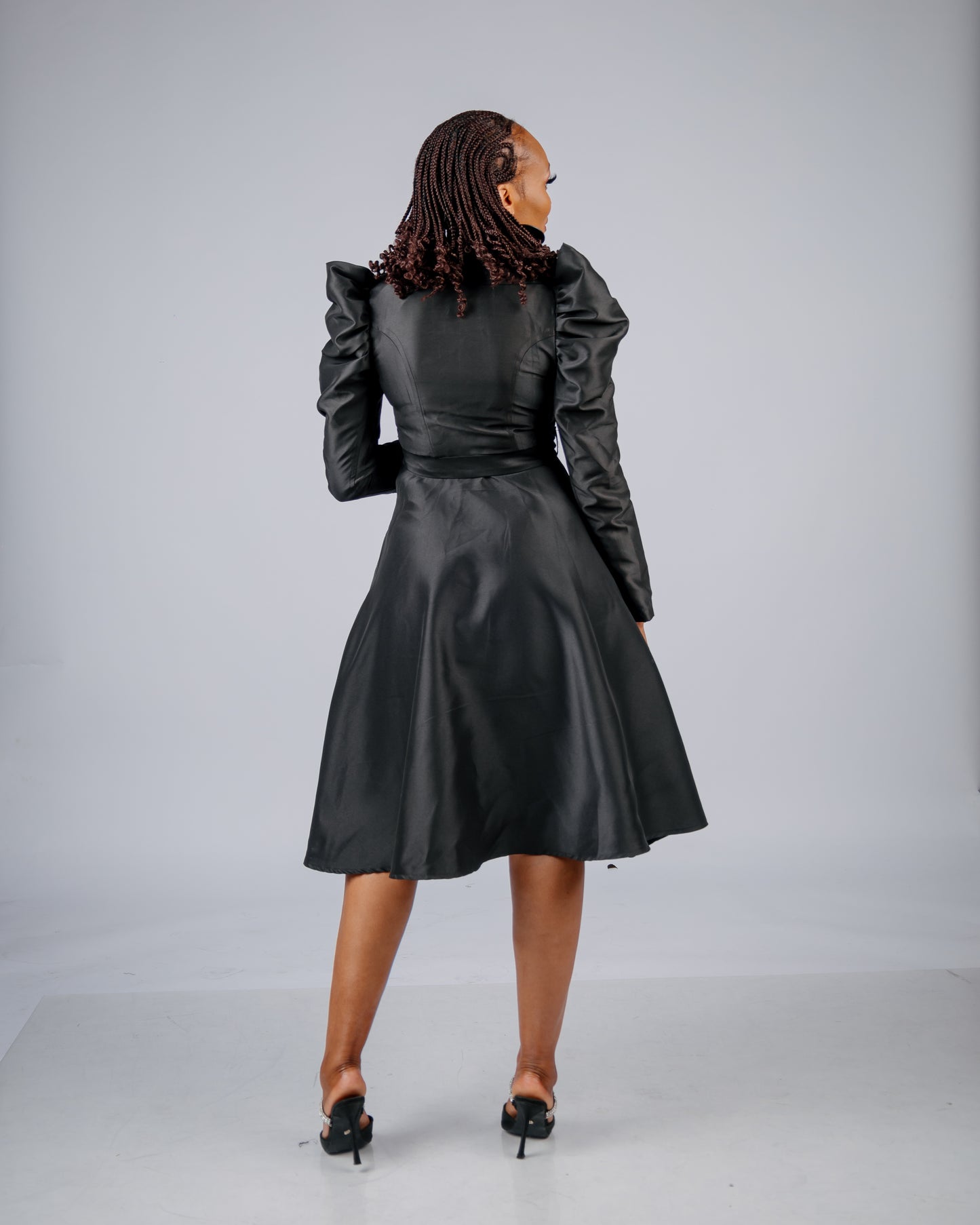 BLACK LONG SLEEVED DUCHESS DRESS