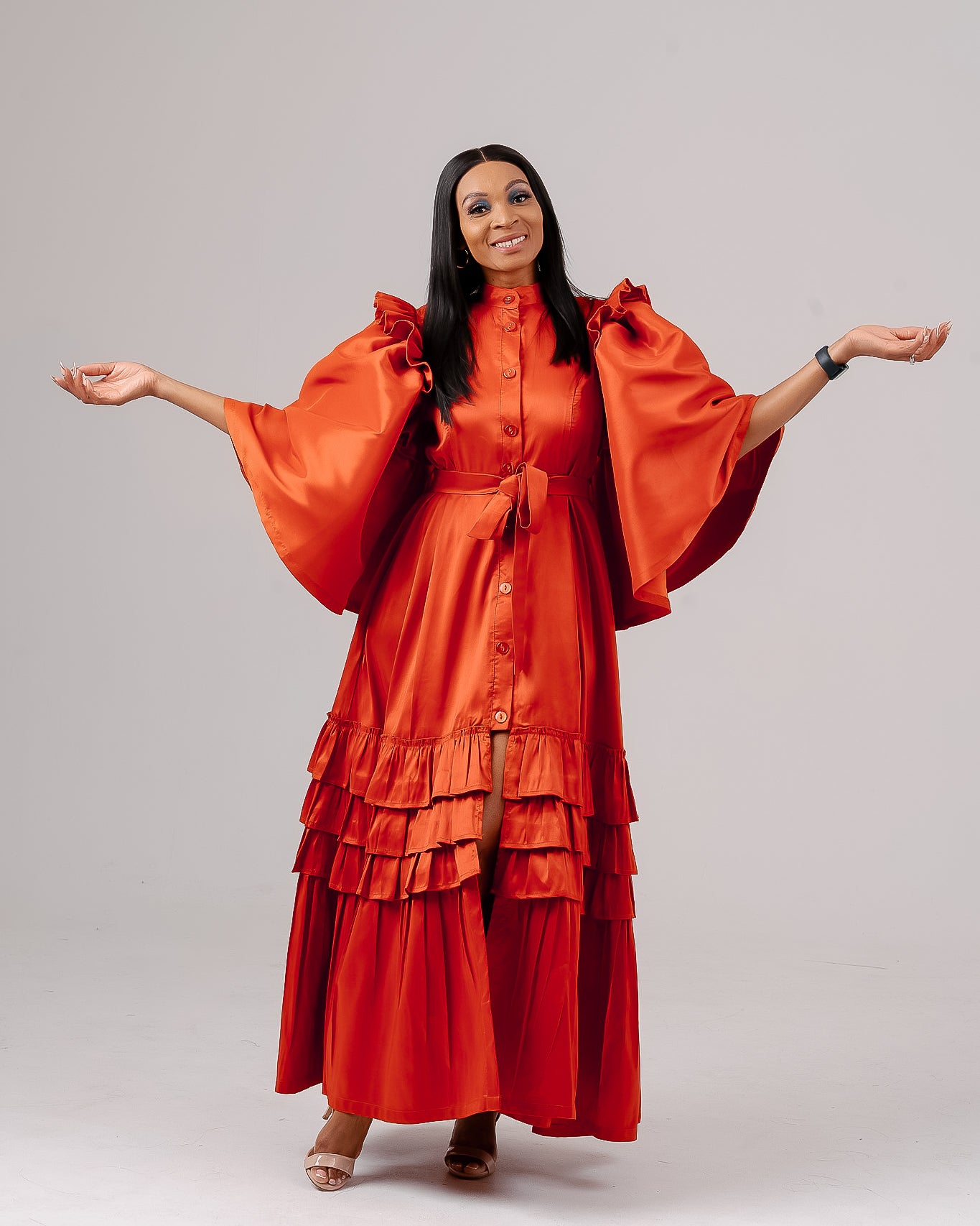 ORANGE OVERSIZED SLEEVES DRESS