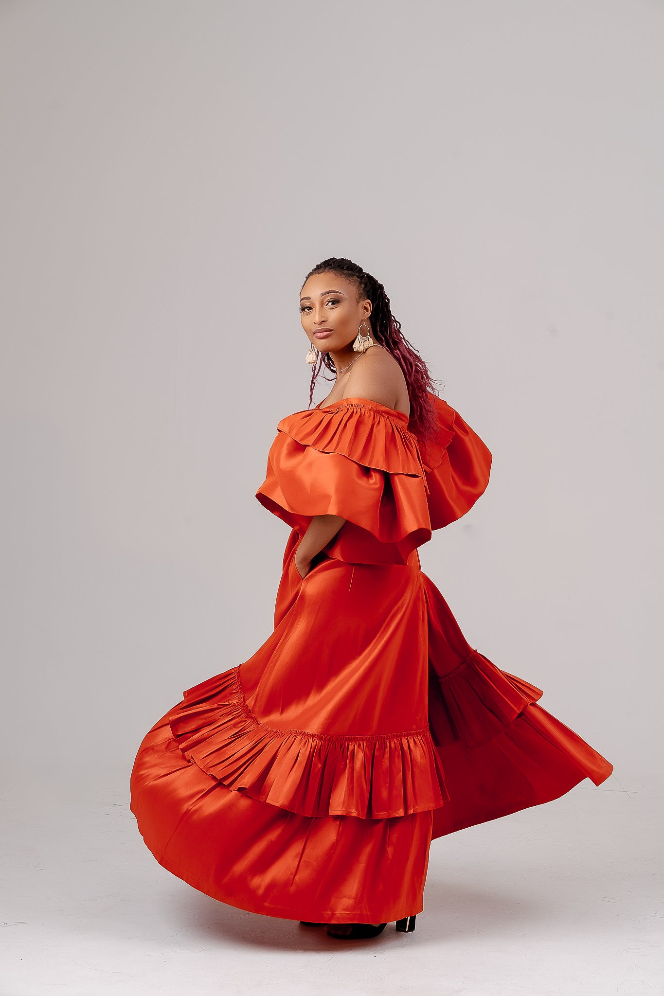 ORANGE OFF SHOULDER DRESS