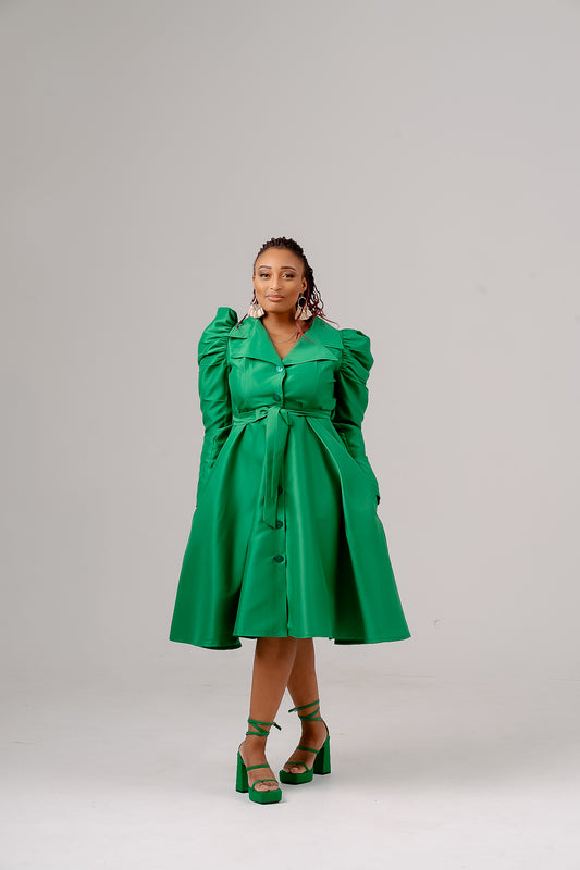 GREEN LONG SLEEVED DUCHESS DRESS