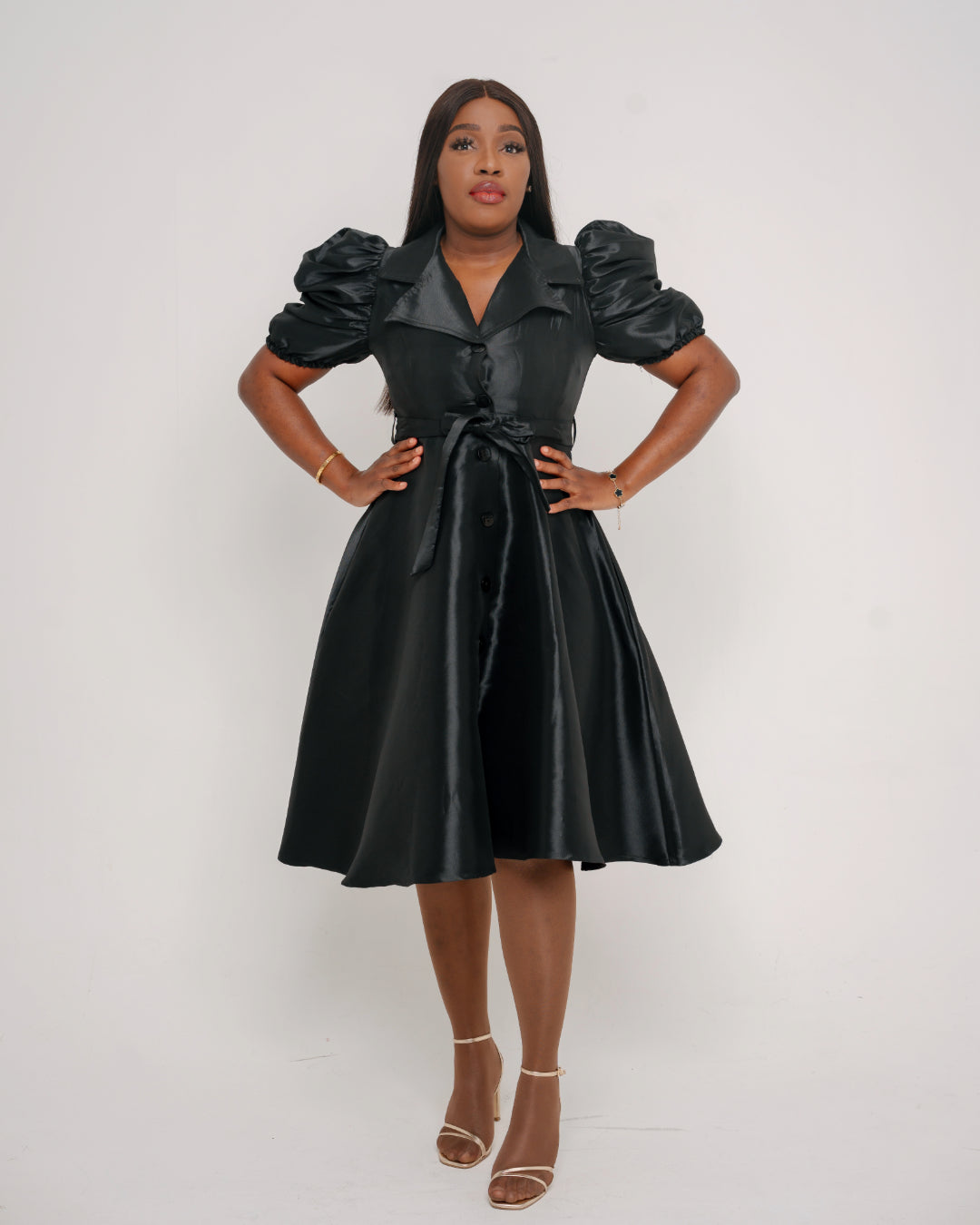 FR1044 BLACK SHORT SLEEVED DUCHESS DRESS