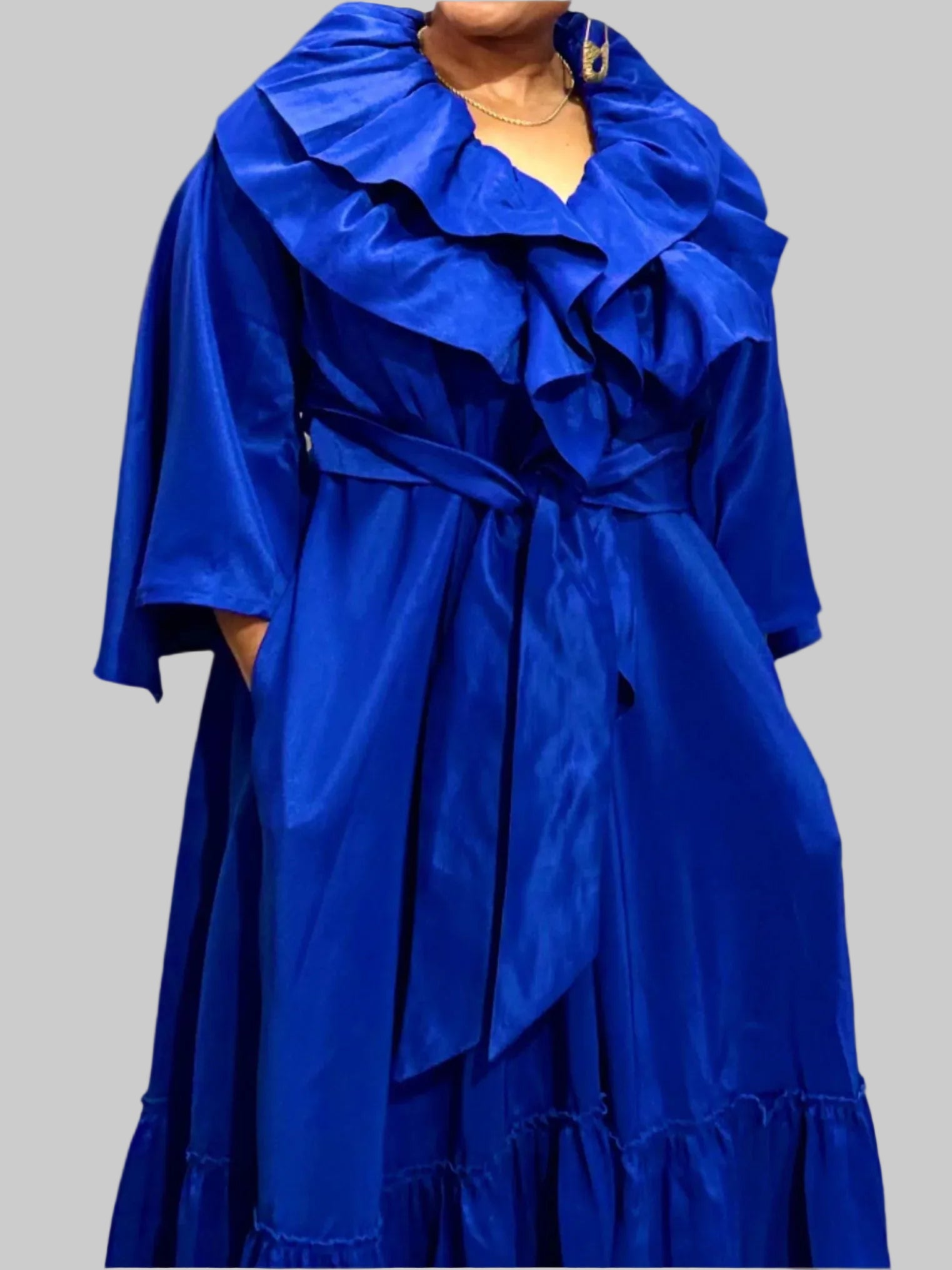 FRE001 BLUE MAXI WRAP-AROUND RUFFLE DRESS