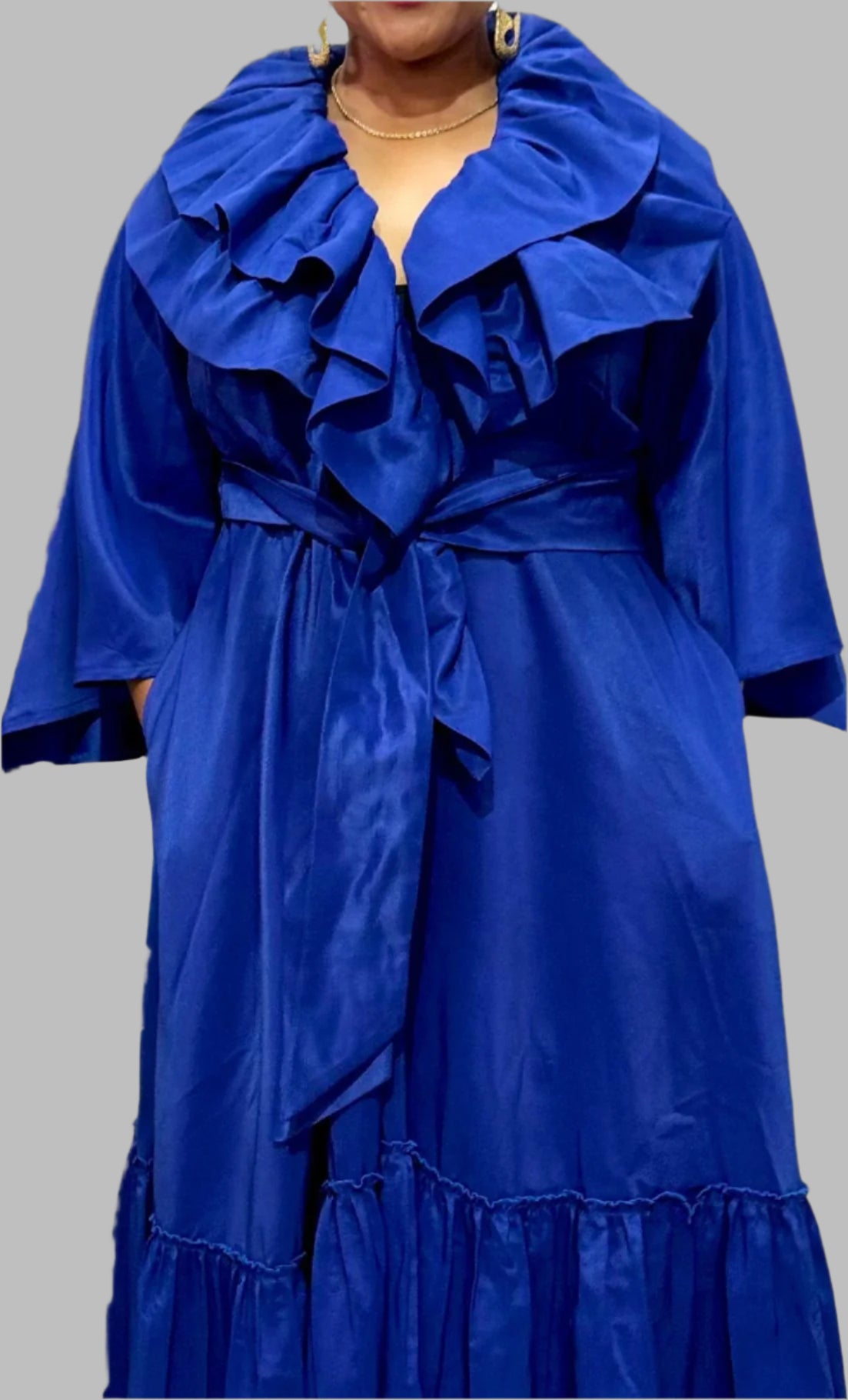 FRE001 BLUE MAXI WRAP-AROUND RUFFLE DRESS
