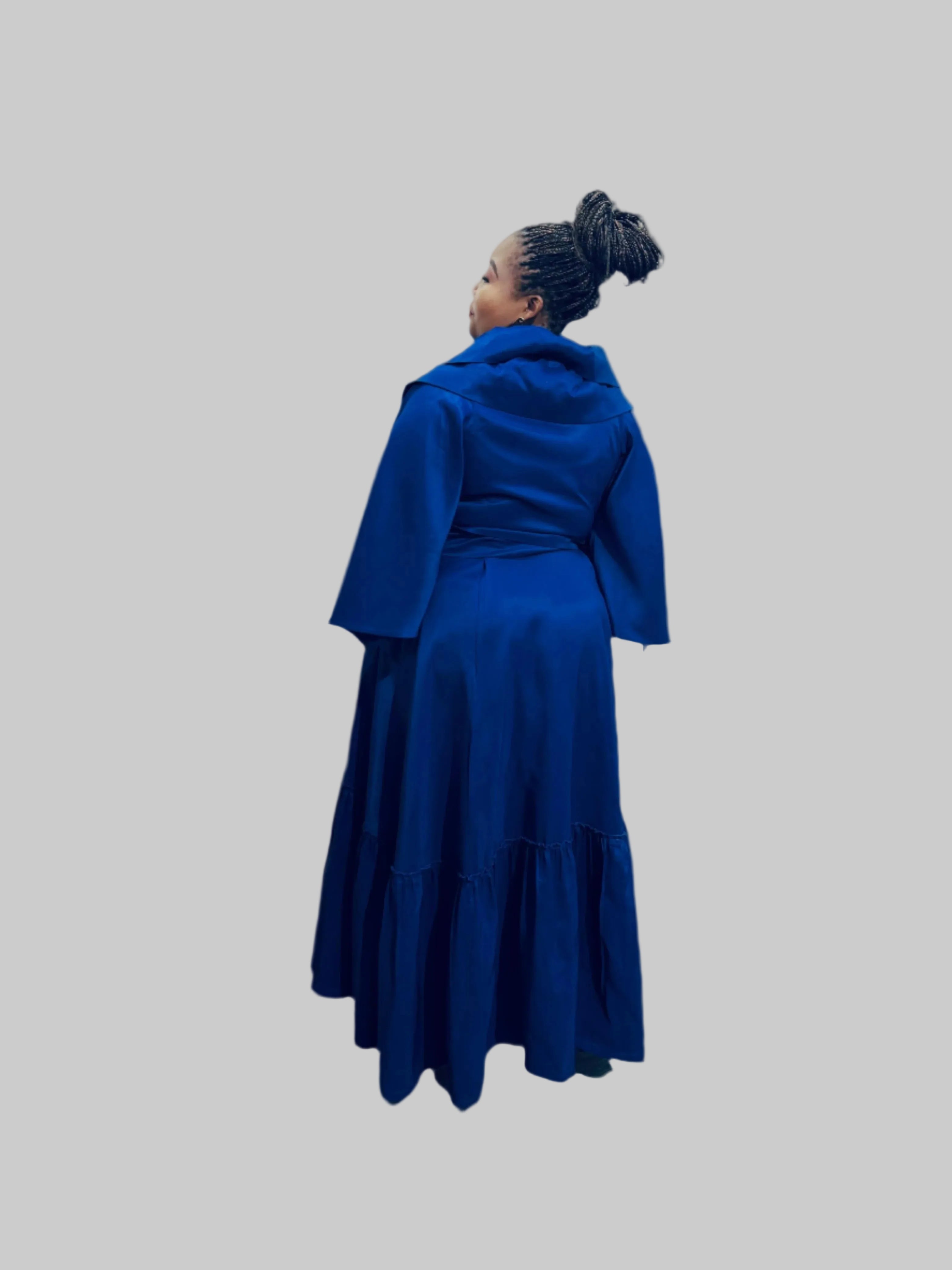 FRE001 BLUE MAXI WRAP-AROUND RUFFLE DRESS