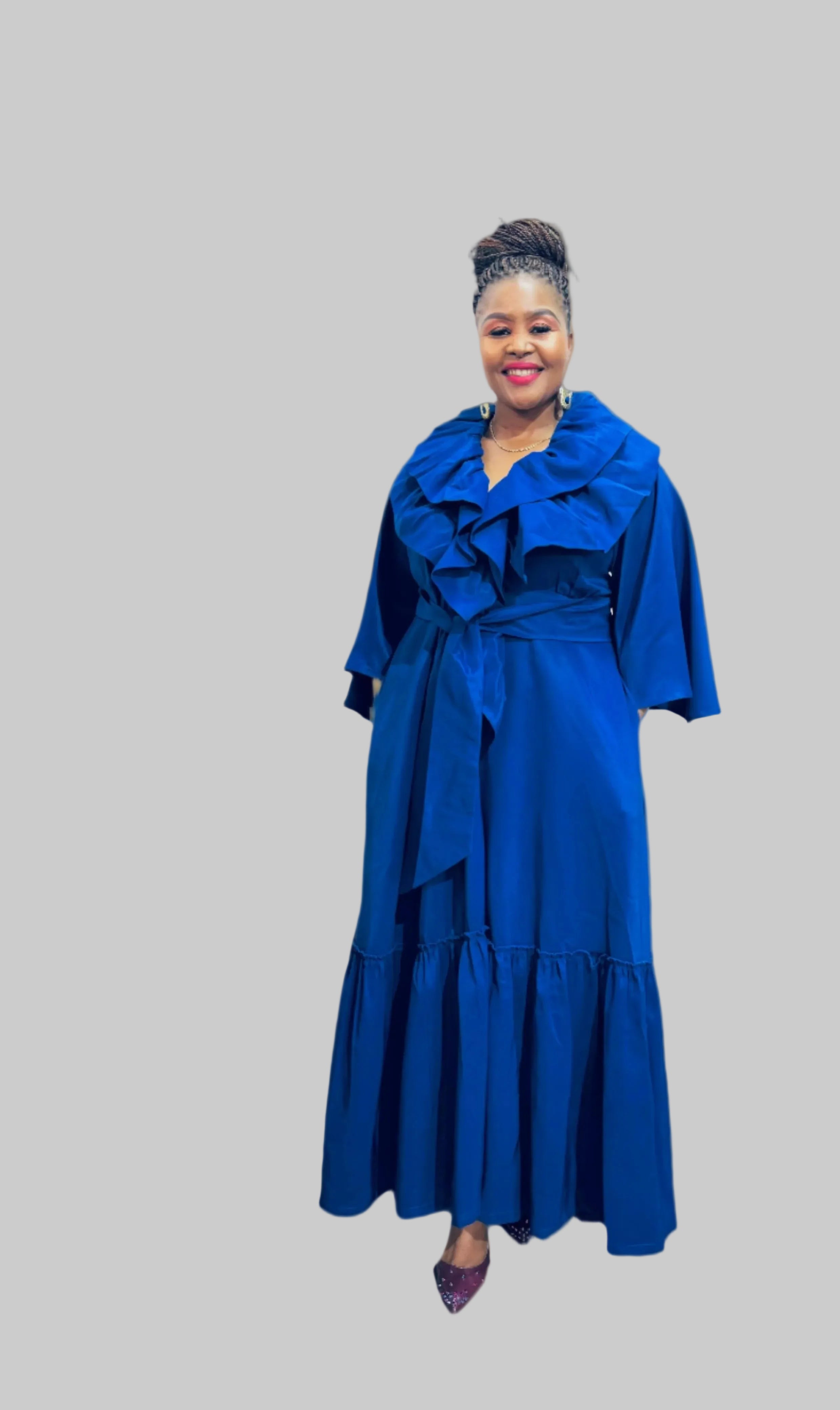 FRE001 BLUE MAXI WRAP-AROUND RUFFLE DRESS