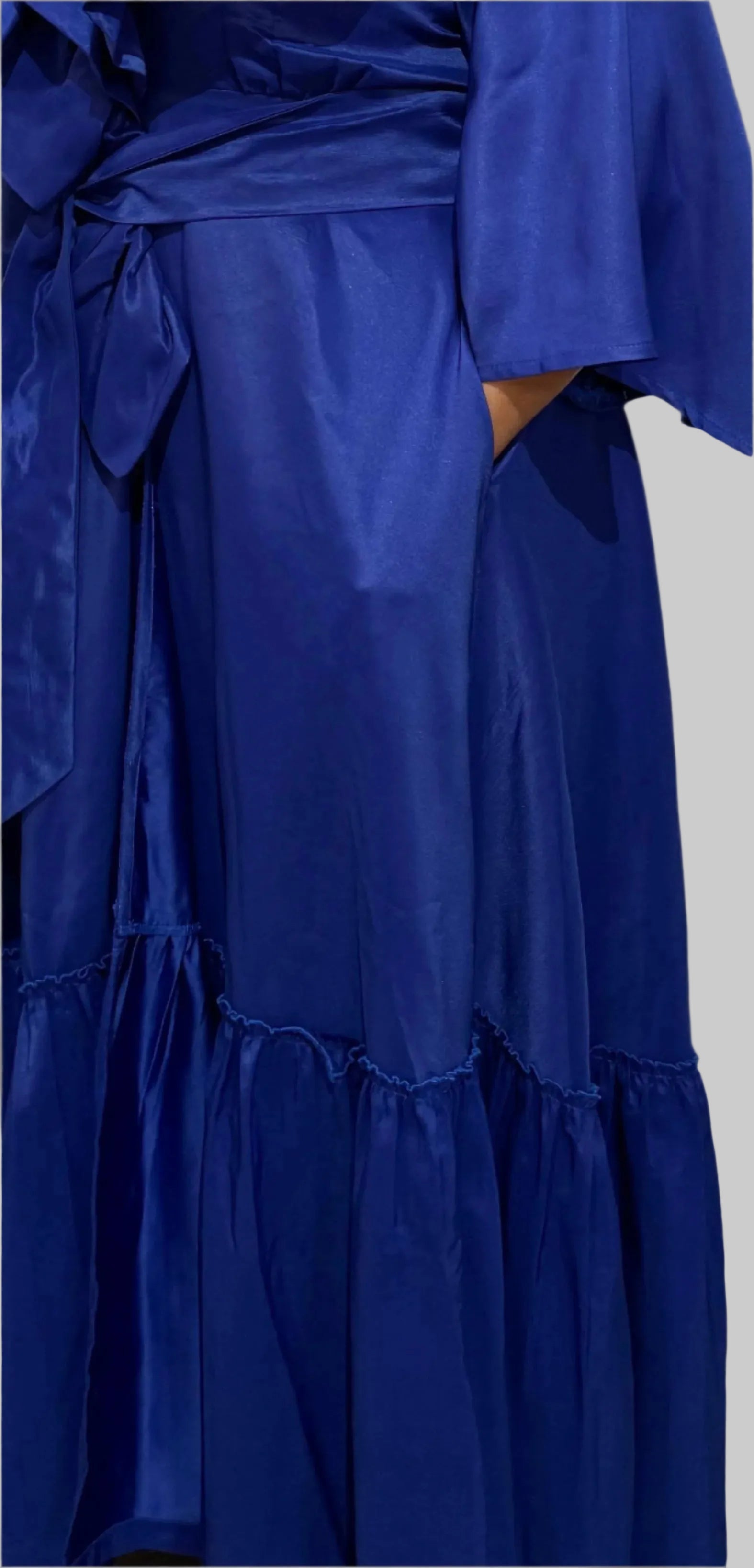 FRE001 BLUE MAXI WRAP-AROUND RUFFLE DRESS
