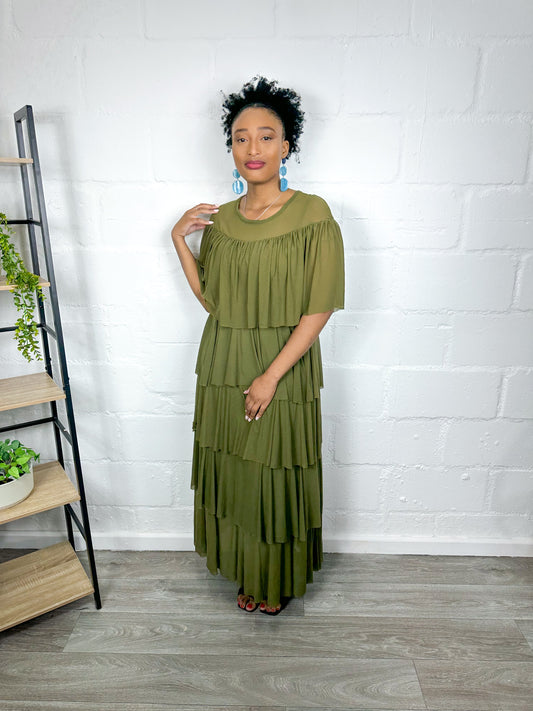 OLIVE MAXI LAYERED DRESS