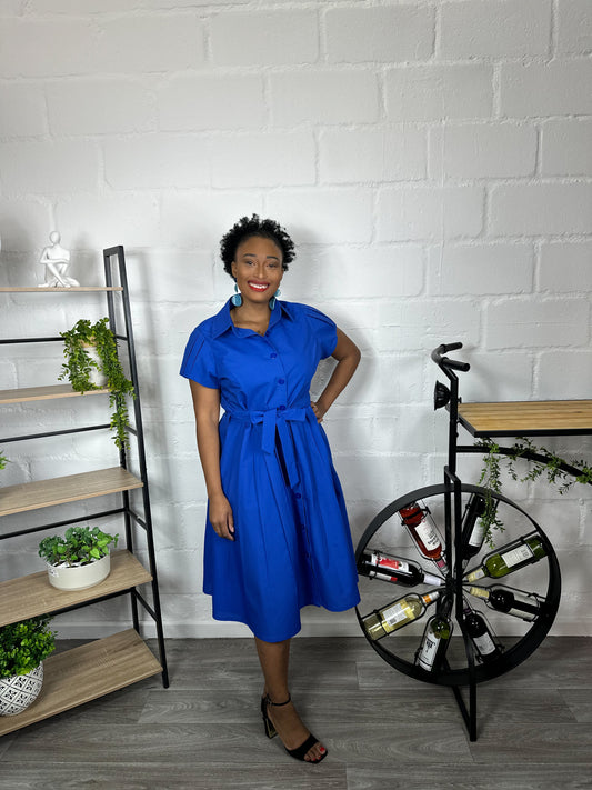 BLUE SHORT SLEEVED PLEATED DRESS