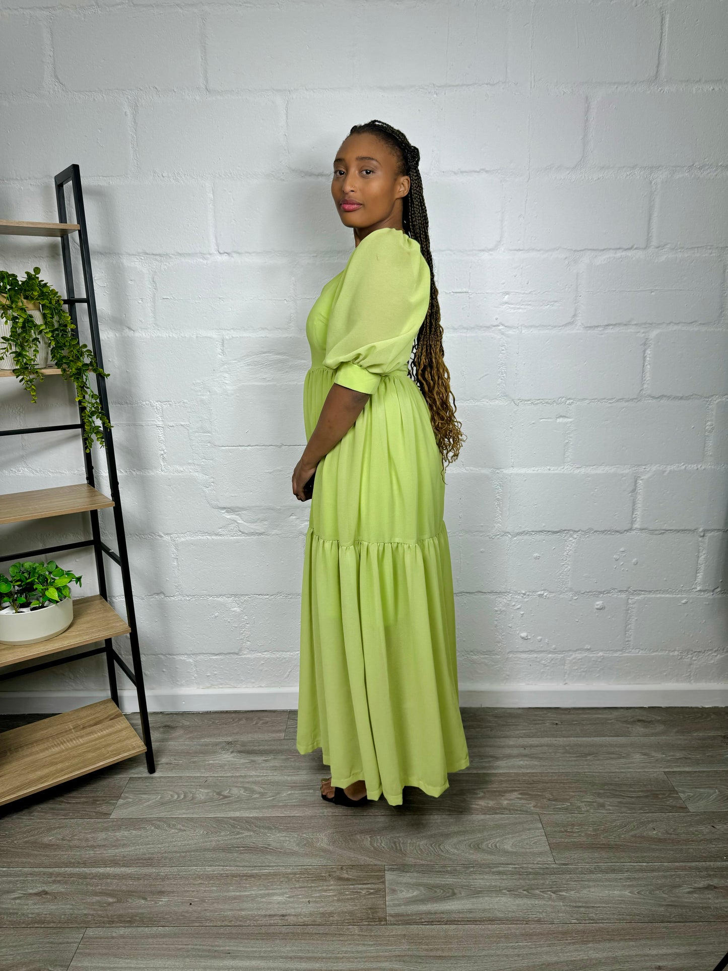 LIME MAXI BALOON SLEEVED DRESS