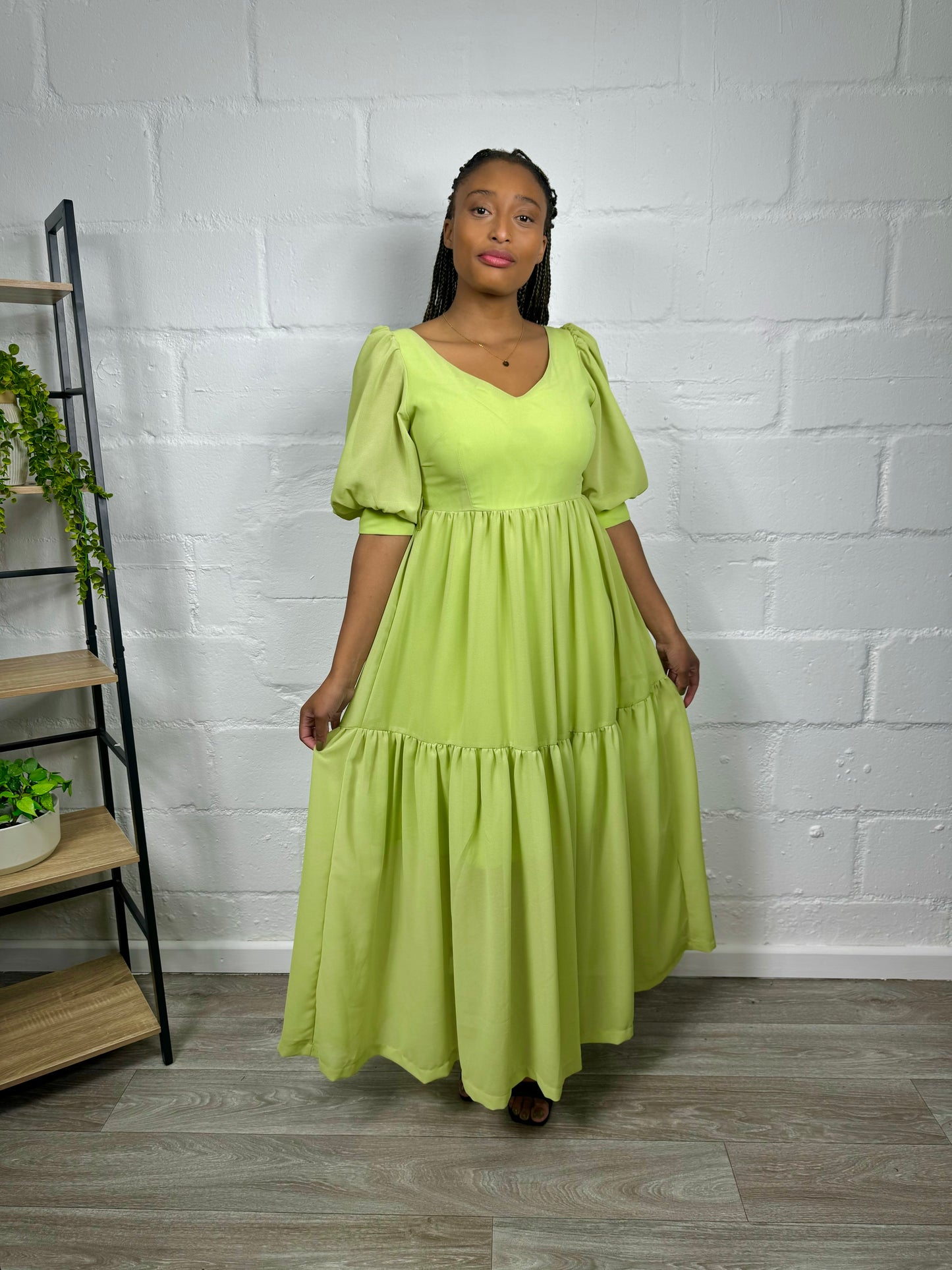 LIME MAXI BALOON SLEEVED DRESS