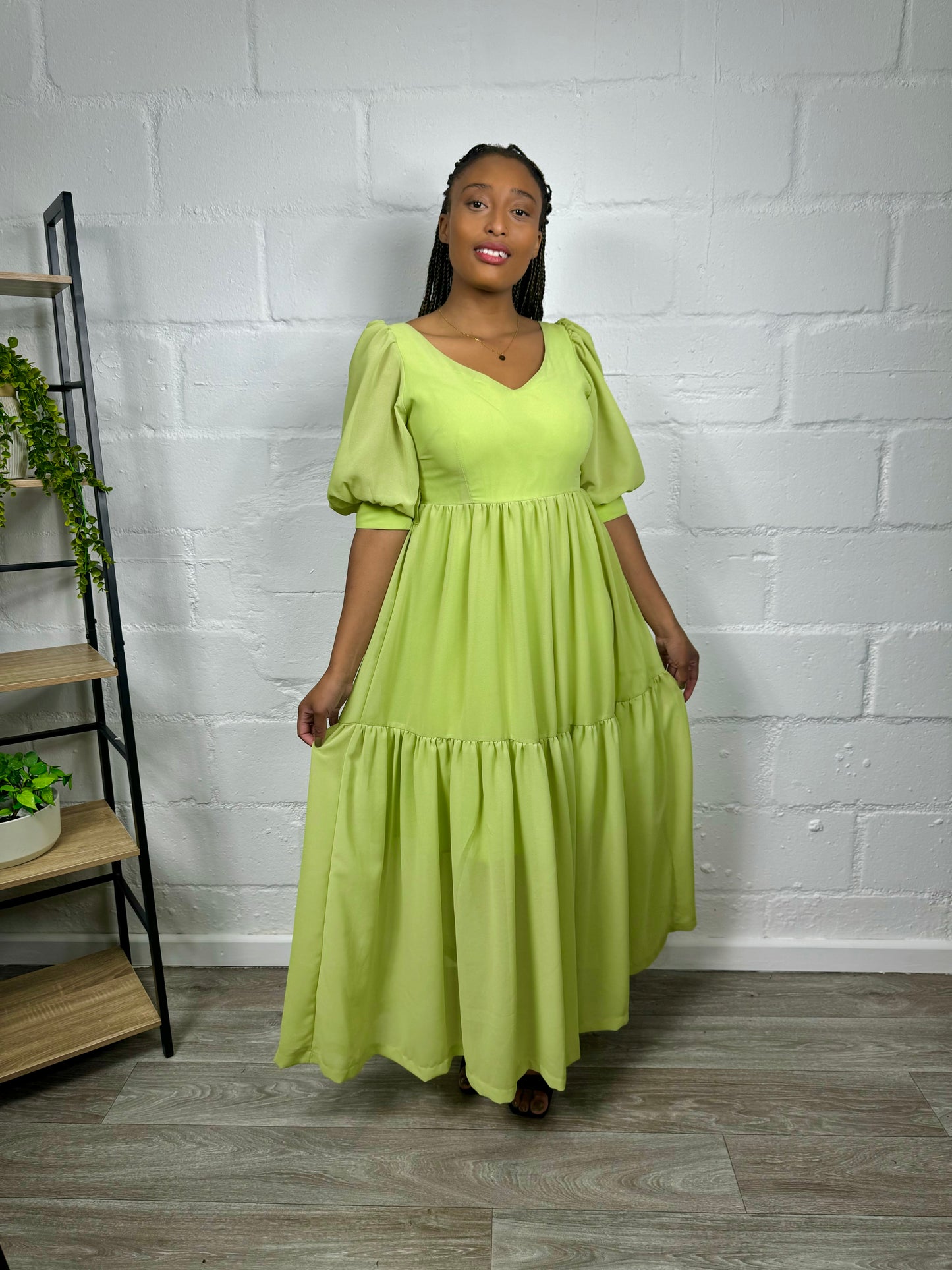 LIME MAXI BALOON SLEEVED DRESS