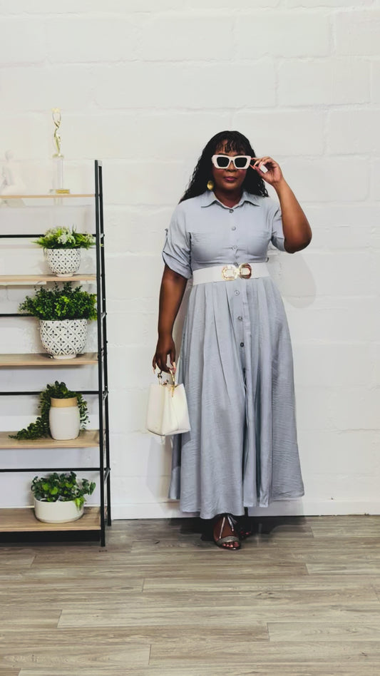 FR1095 GREY PLEATED KIMONO DRESS